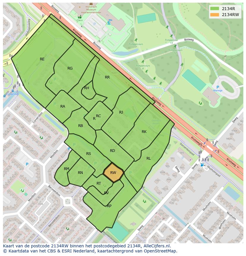 Afbeelding van het postcodegebied 2134 RW op de kaart.