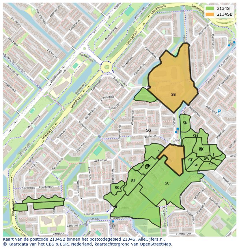 Afbeelding van het postcodegebied 2134 SB op de kaart.