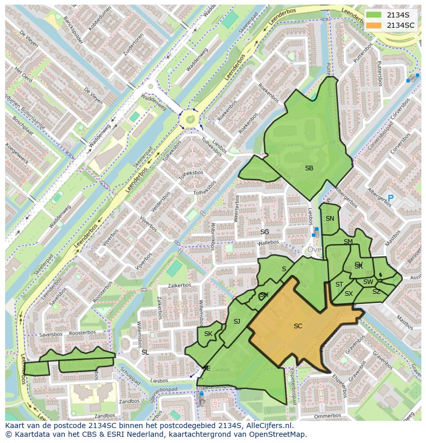 Afbeelding van het postcodegebied 2134 SC op de kaart.