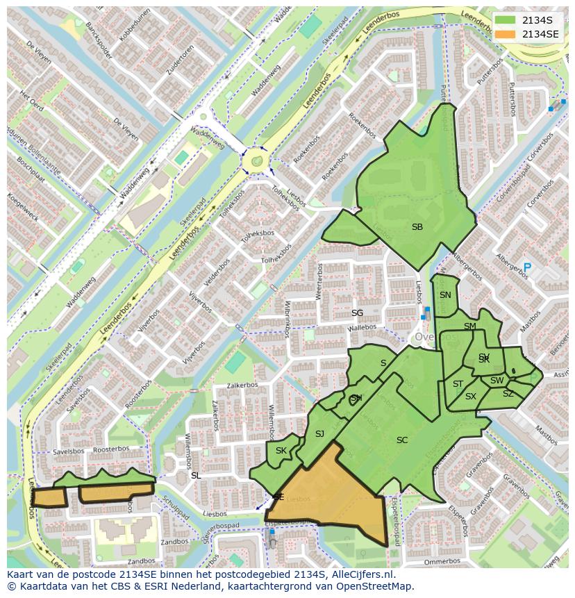 Afbeelding van het postcodegebied 2134 SE op de kaart.