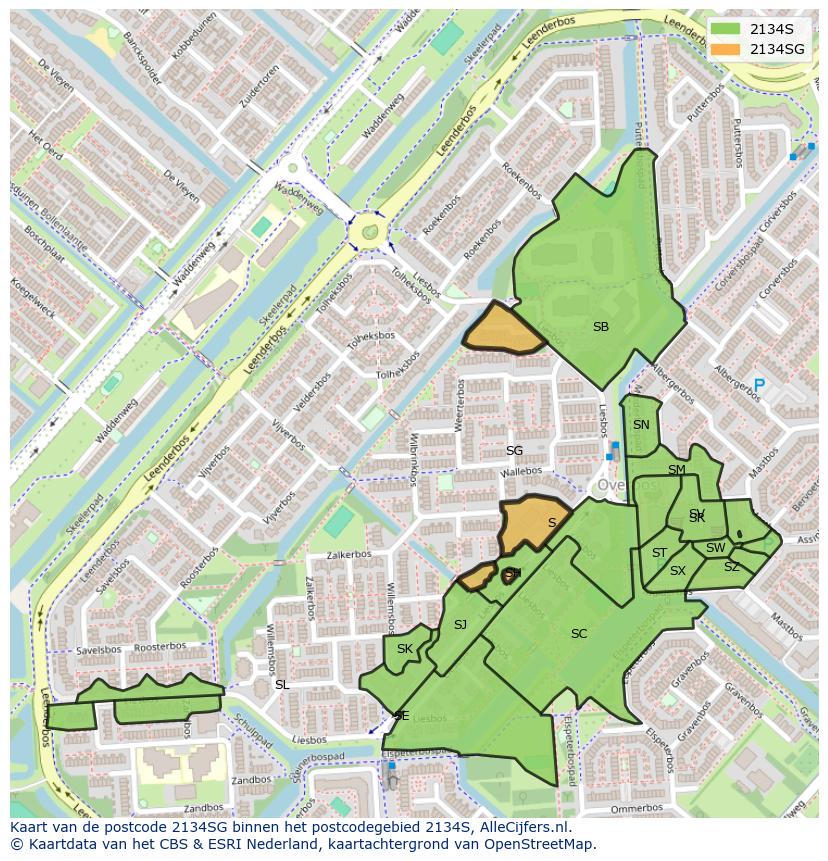 Afbeelding van het postcodegebied 2134 SG op de kaart.