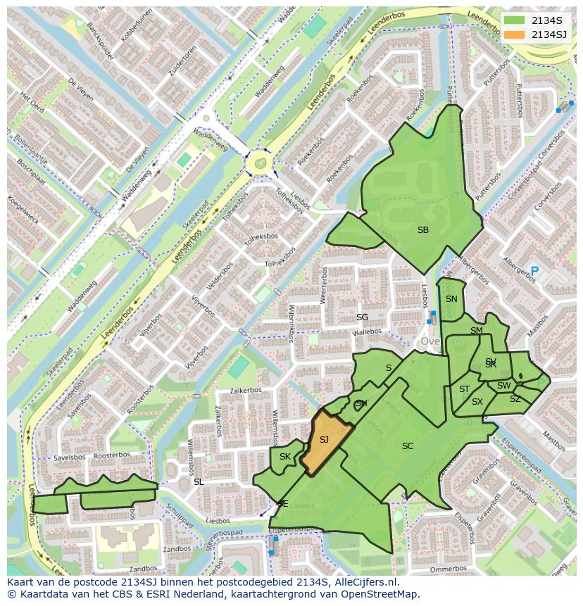 Afbeelding van het postcodegebied 2134 SJ op de kaart.