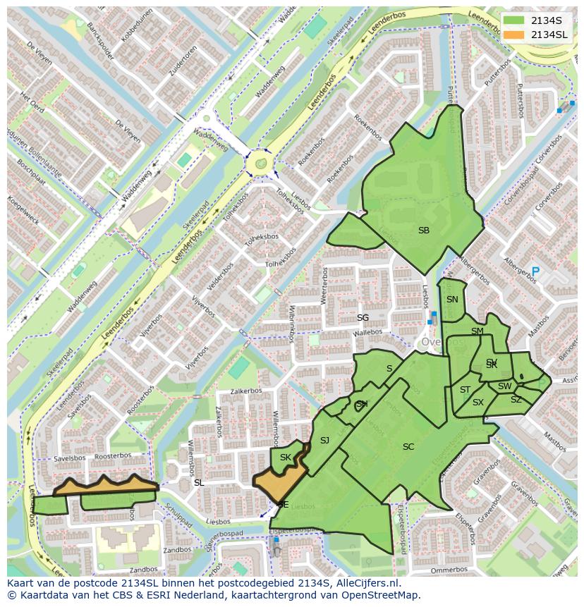 Afbeelding van het postcodegebied 2134 SL op de kaart.