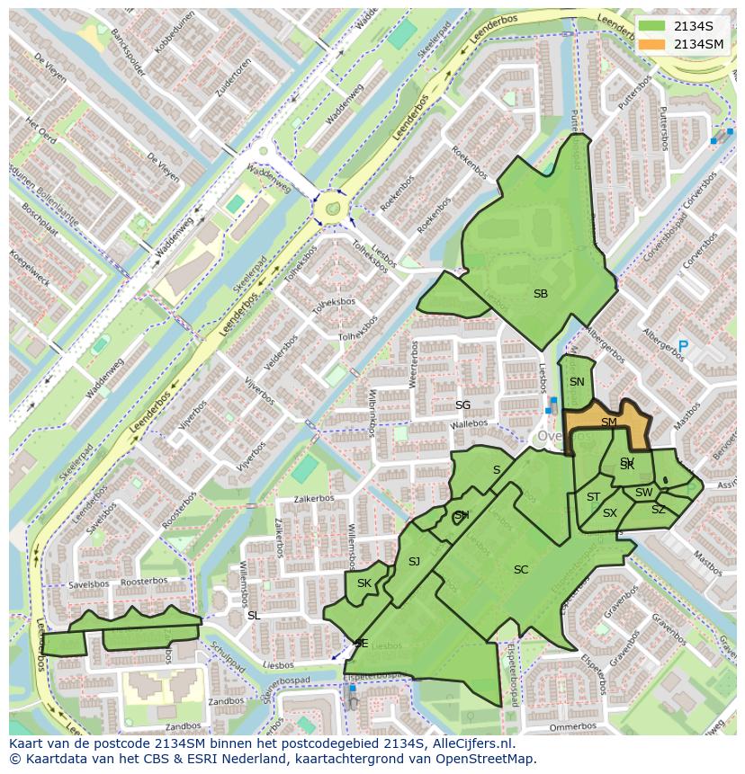 Afbeelding van het postcodegebied 2134 SM op de kaart.