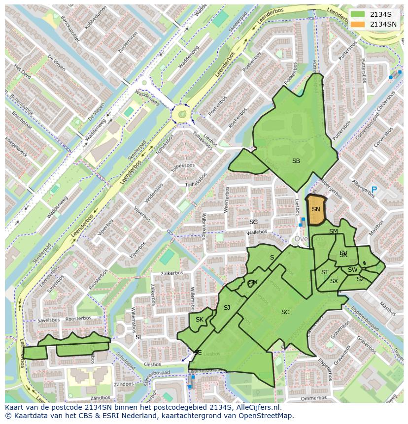 Afbeelding van het postcodegebied 2134 SN op de kaart.