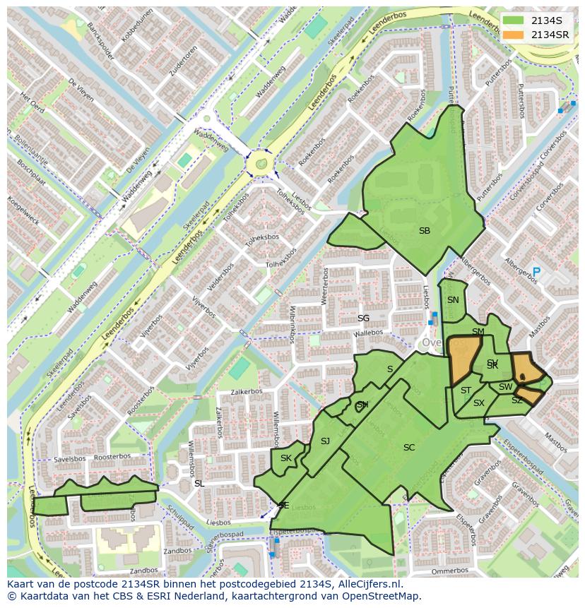 Afbeelding van het postcodegebied 2134 SR op de kaart.