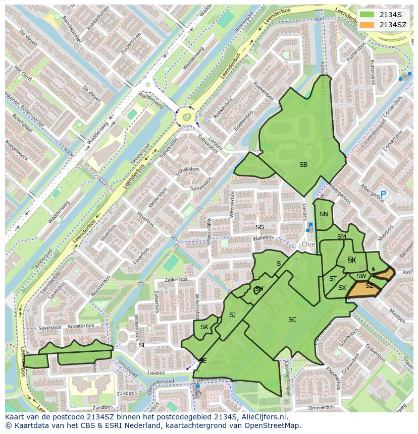 Afbeelding van het postcodegebied 2134 SZ op de kaart.
