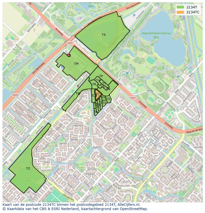 Afbeelding van het postcodegebied 2134 TC op de kaart.
