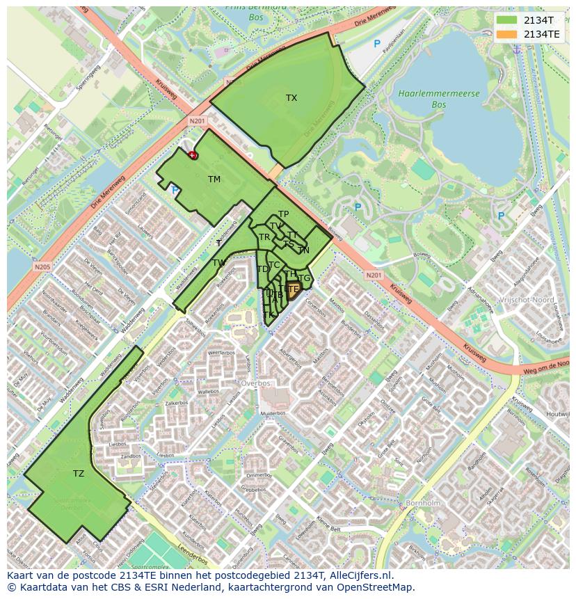 Afbeelding van het postcodegebied 2134 TE op de kaart.