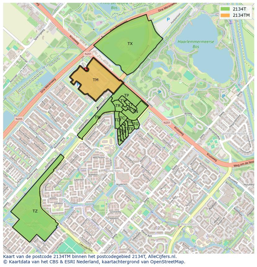 Afbeelding van het postcodegebied 2134 TM op de kaart.