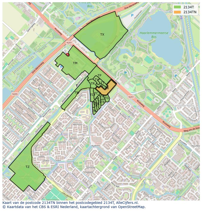 Afbeelding van het postcodegebied 2134 TN op de kaart.