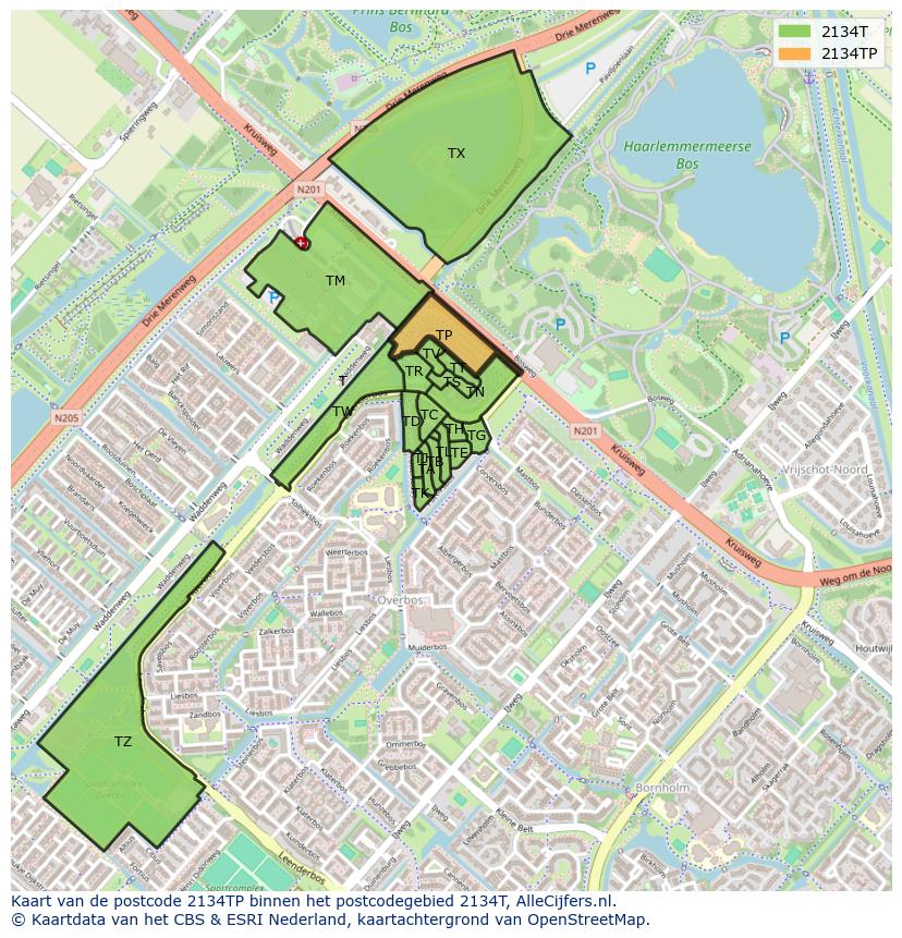 Afbeelding van het postcodegebied 2134 TP op de kaart.