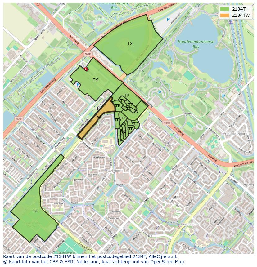 Afbeelding van het postcodegebied 2134 TW op de kaart.