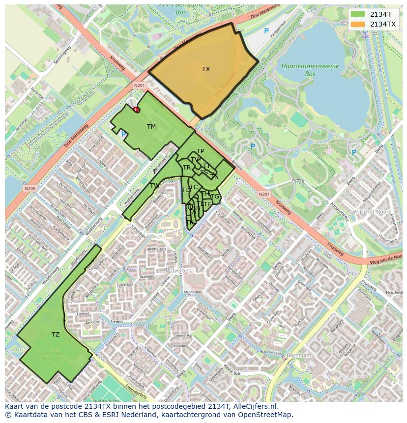 Afbeelding van het postcodegebied 2134 TX op de kaart.
