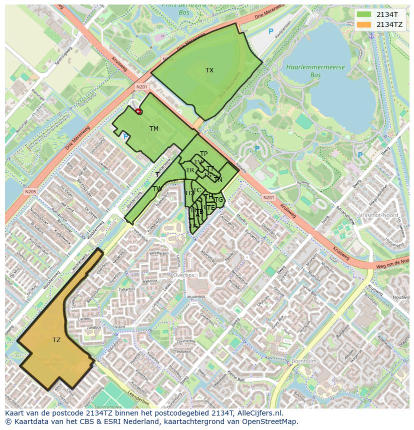 Afbeelding van het postcodegebied 2134 TZ op de kaart.