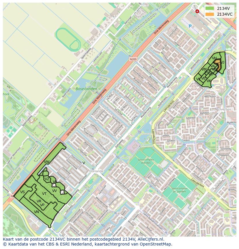 Afbeelding van het postcodegebied 2134 VC op de kaart.