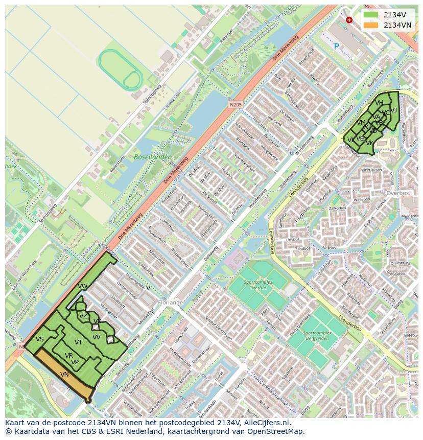 Afbeelding van het postcodegebied 2134 VN op de kaart.