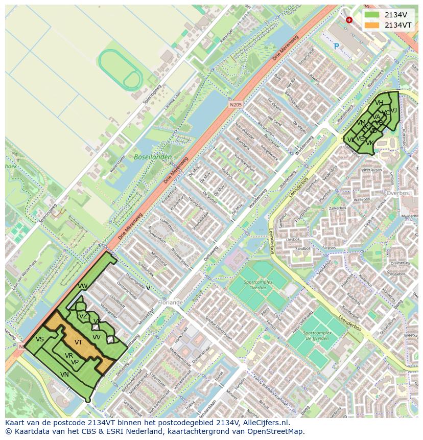 Afbeelding van het postcodegebied 2134 VT op de kaart.