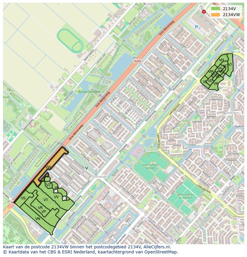 Afbeelding van het postcodegebied 2134 VW op de kaart.