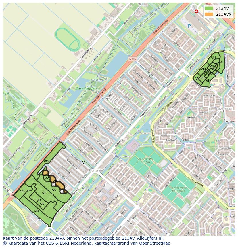 Afbeelding van het postcodegebied 2134 VX op de kaart.