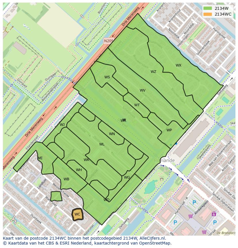 Afbeelding van het postcodegebied 2134 WC op de kaart.