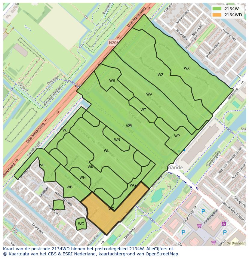 Afbeelding van het postcodegebied 2134 WD op de kaart.