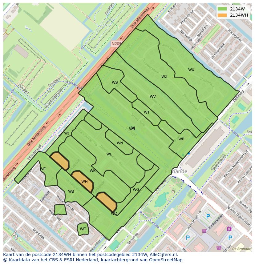 Afbeelding van het postcodegebied 2134 WH op de kaart.