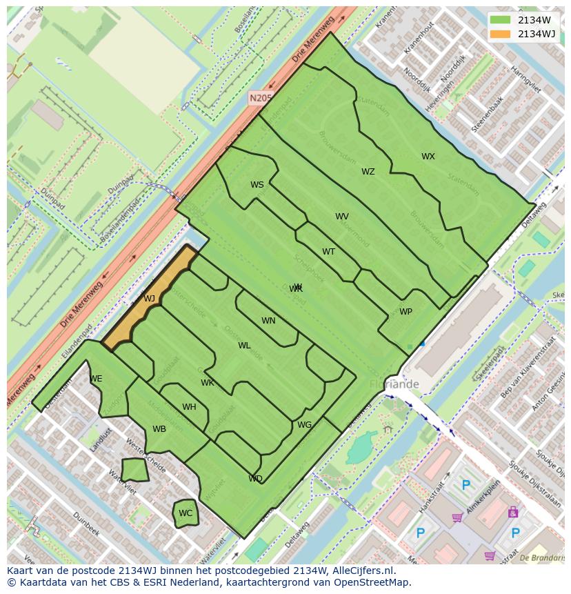 Afbeelding van het postcodegebied 2134 WJ op de kaart.