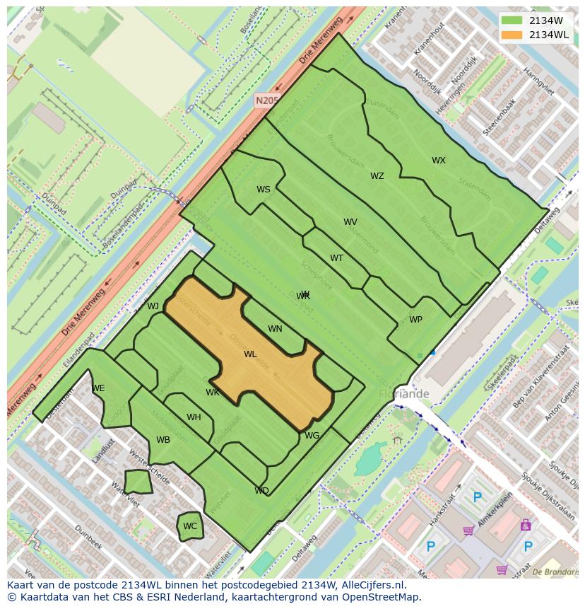 Afbeelding van het postcodegebied 2134 WL op de kaart.