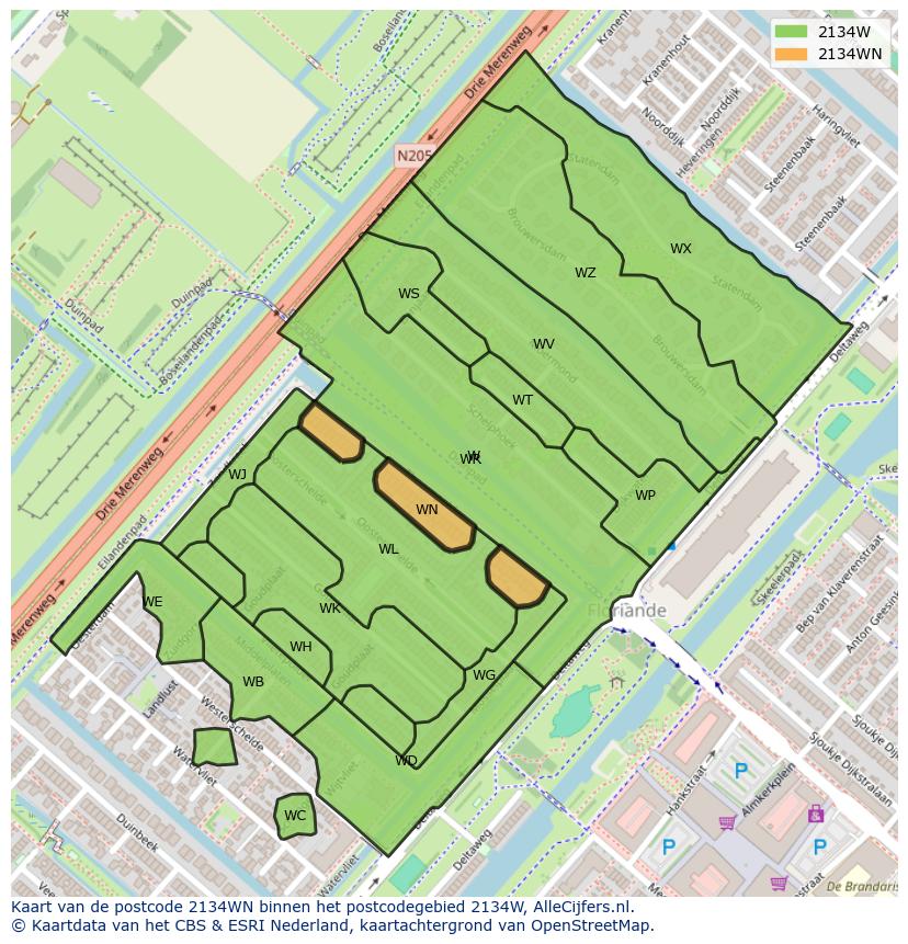 Afbeelding van het postcodegebied 2134 WN op de kaart.