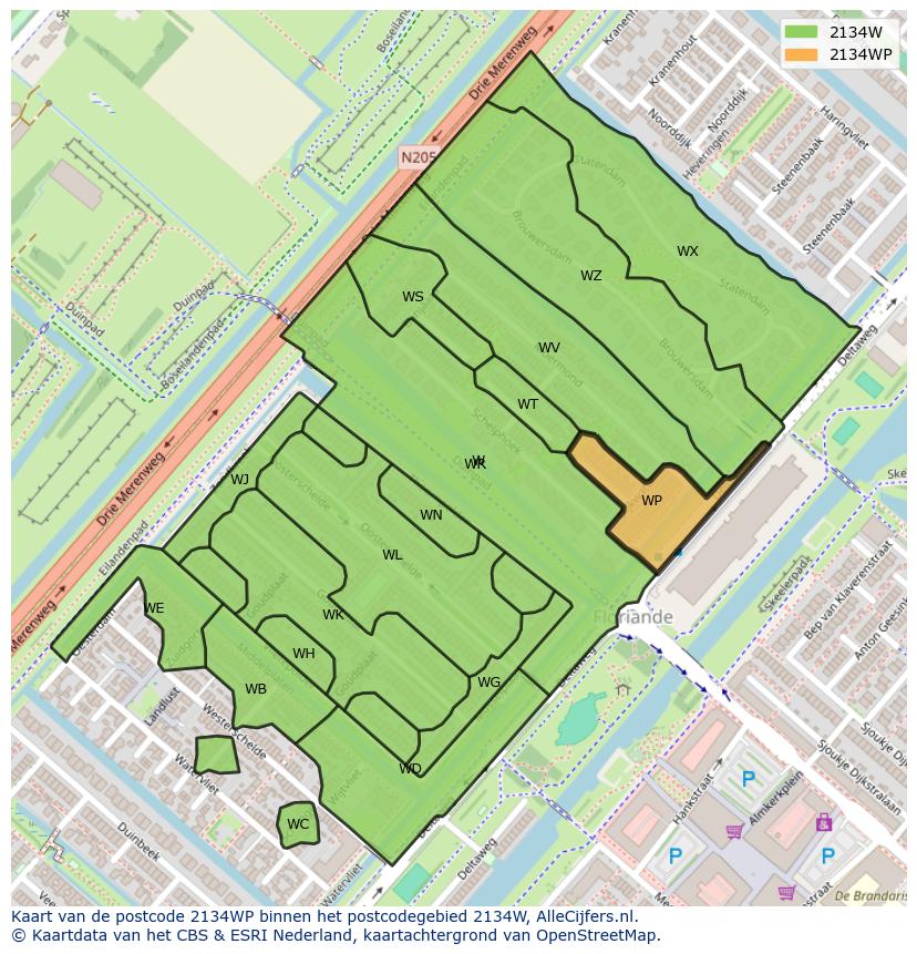 Afbeelding van het postcodegebied 2134 WP op de kaart.