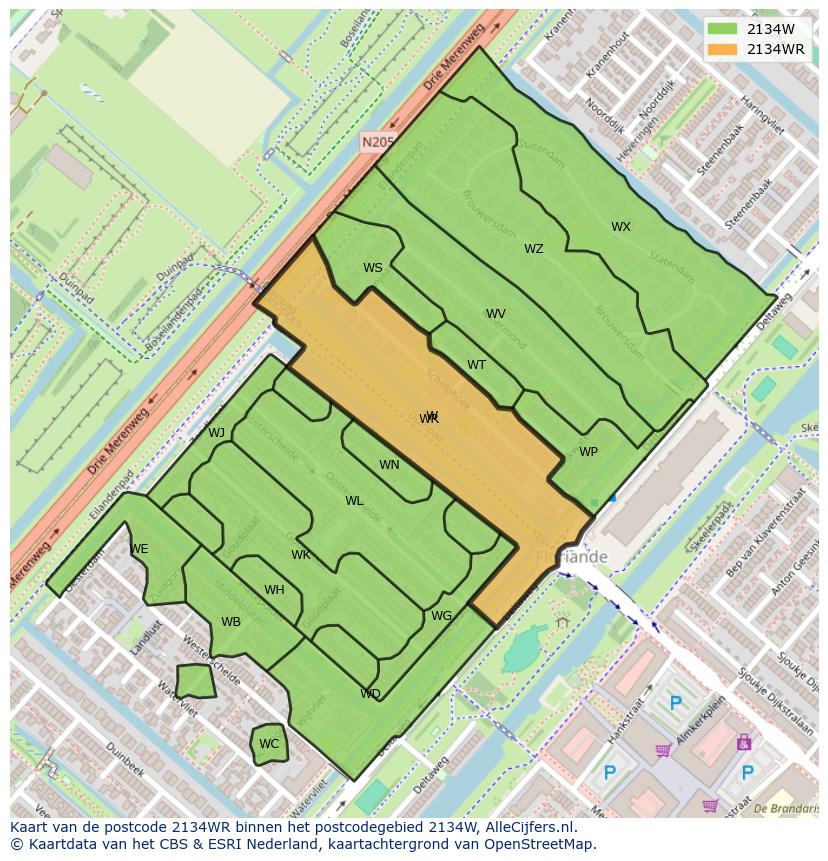 Afbeelding van het postcodegebied 2134 WR op de kaart.