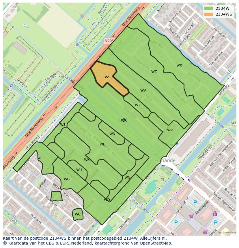 Afbeelding van het postcodegebied 2134 WS op de kaart.