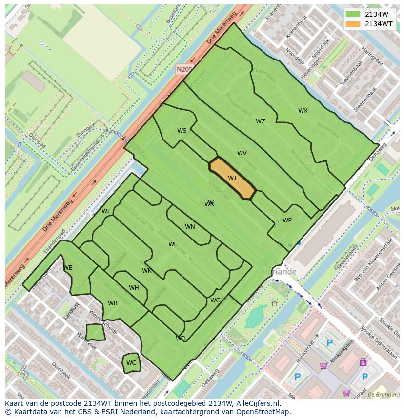 Afbeelding van het postcodegebied 2134 WT op de kaart.