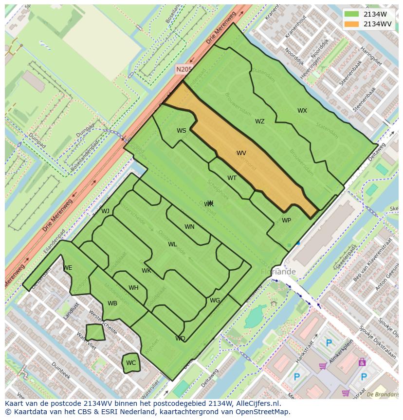 Afbeelding van het postcodegebied 2134 WV op de kaart.