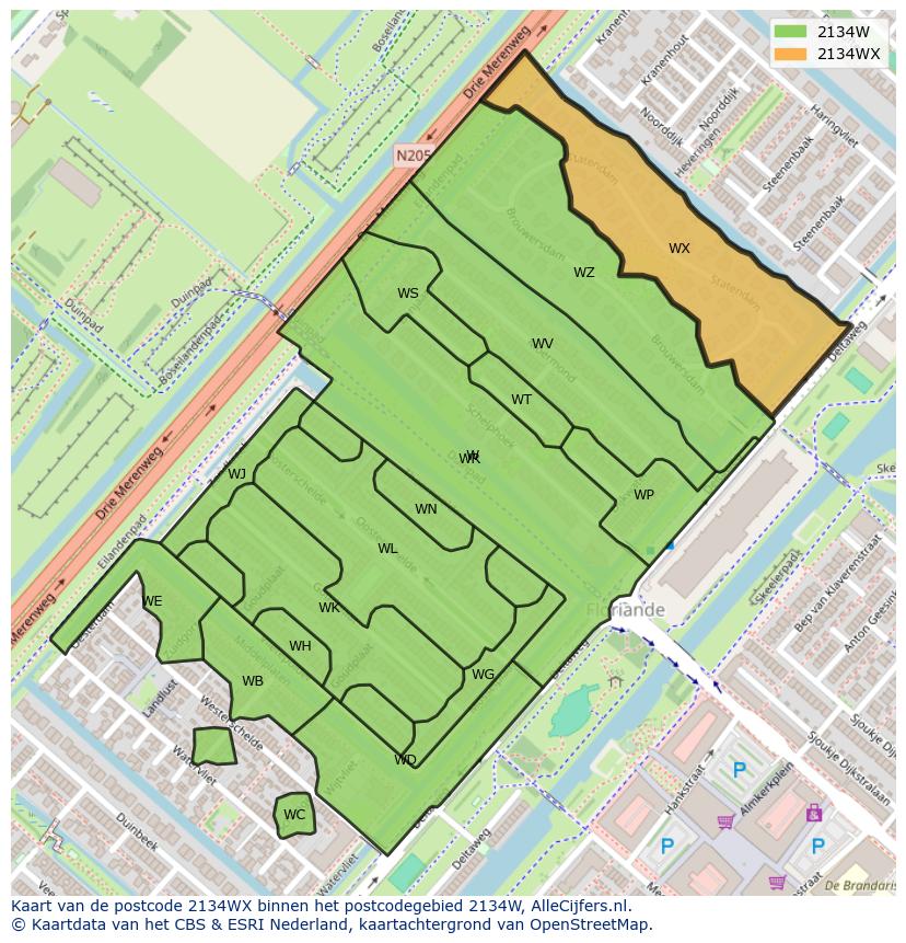 Afbeelding van het postcodegebied 2134 WX op de kaart.