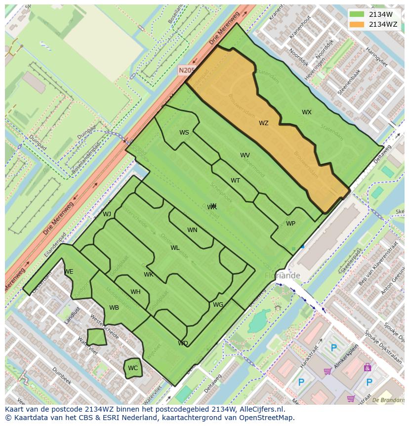 Afbeelding van het postcodegebied 2134 WZ op de kaart.