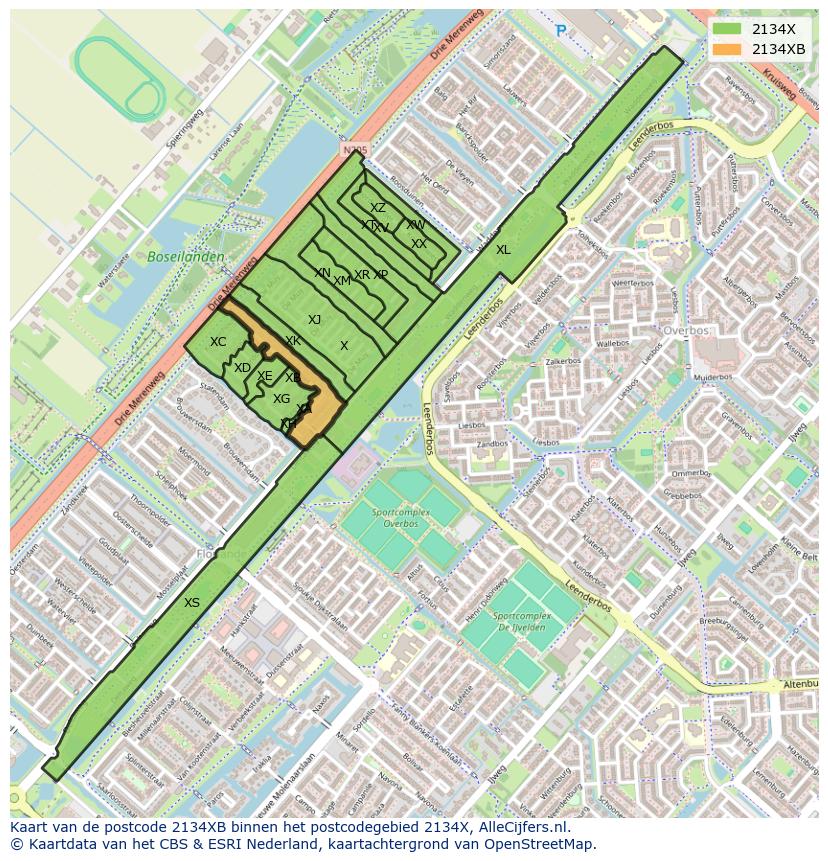 Afbeelding van het postcodegebied 2134 XB op de kaart.