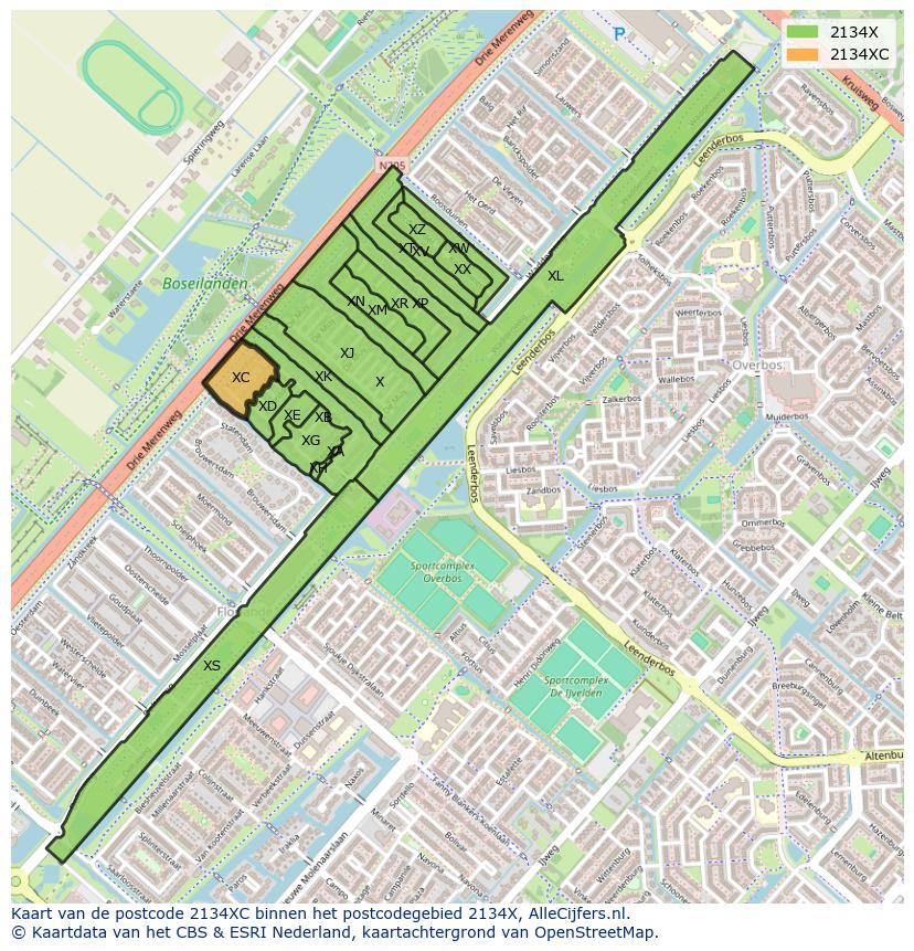 Afbeelding van het postcodegebied 2134 XC op de kaart.