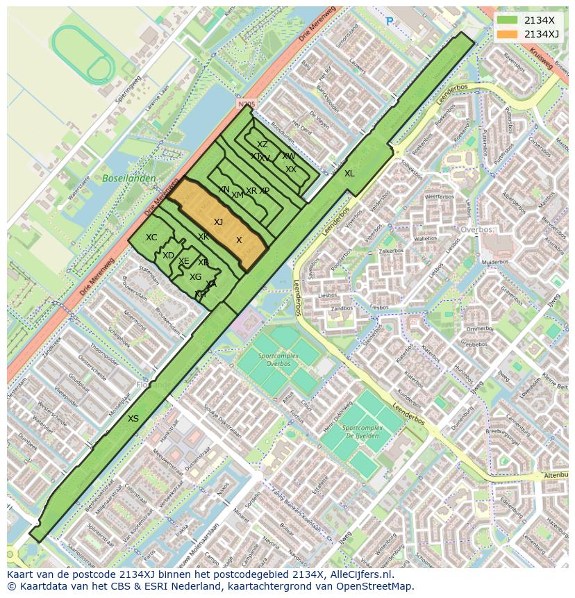Afbeelding van het postcodegebied 2134 XJ op de kaart.