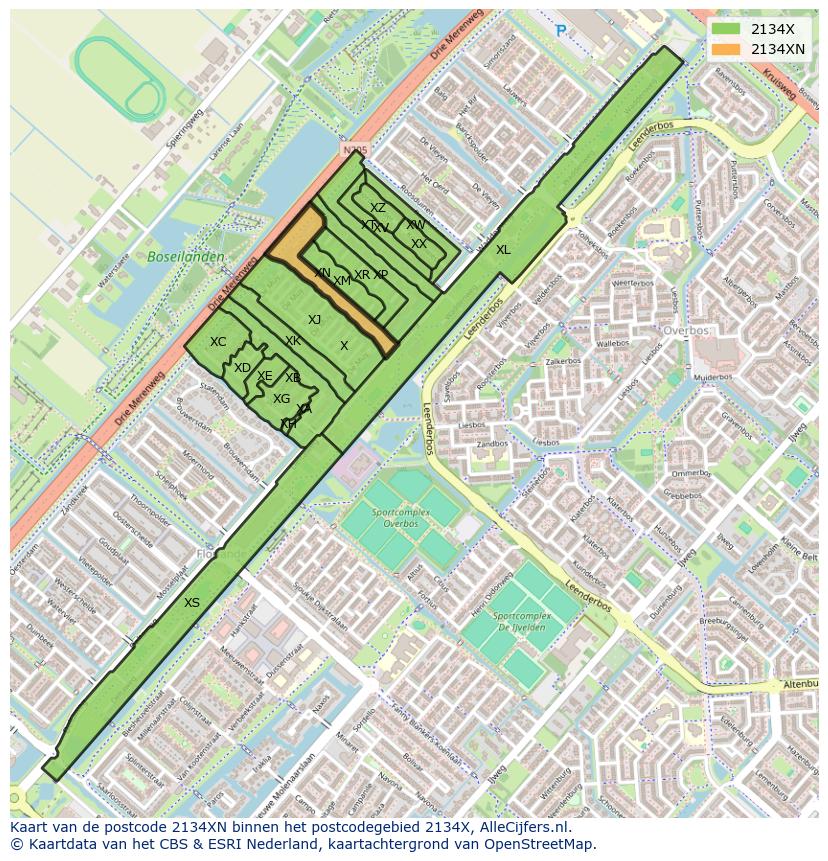 Afbeelding van het postcodegebied 2134 XN op de kaart.