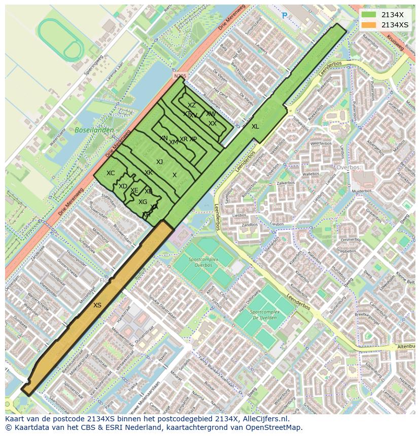 Afbeelding van het postcodegebied 2134 XS op de kaart.