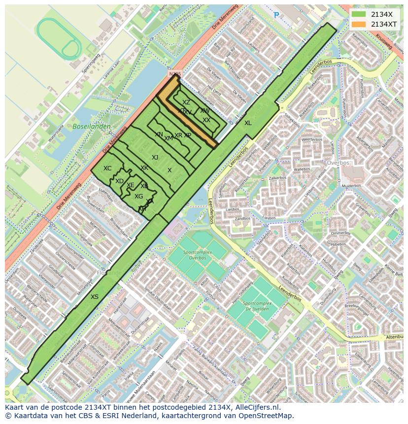 Afbeelding van het postcodegebied 2134 XT op de kaart.