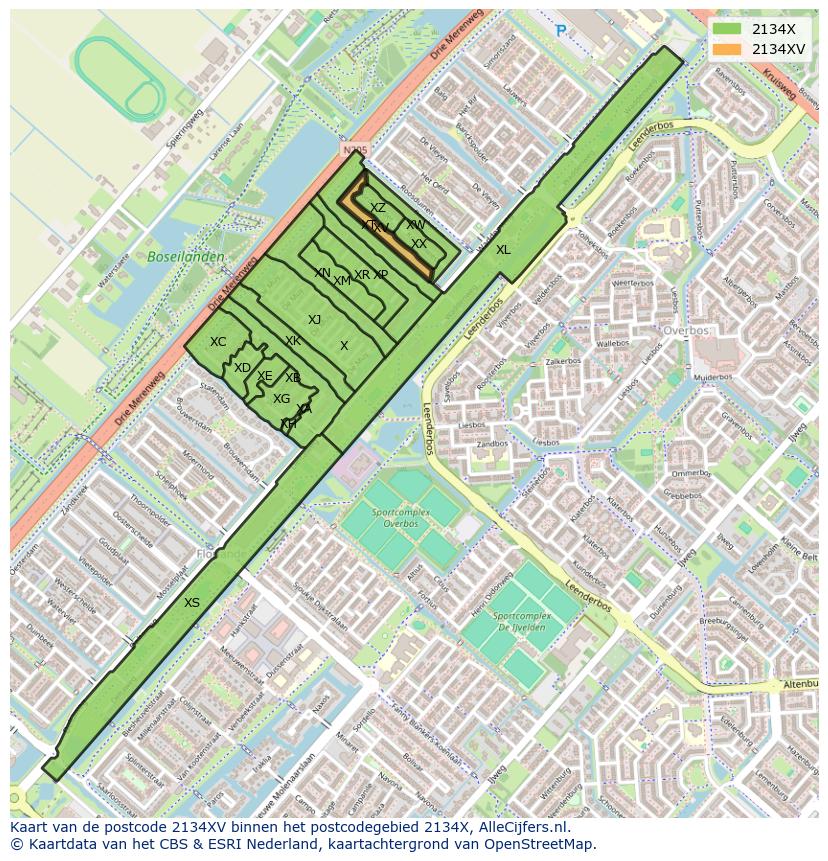 Afbeelding van het postcodegebied 2134 XV op de kaart.