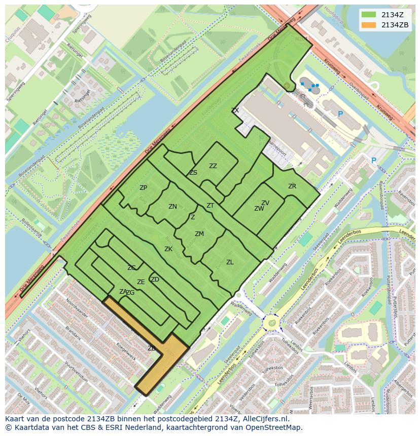 Afbeelding van het postcodegebied 2134 ZB op de kaart.