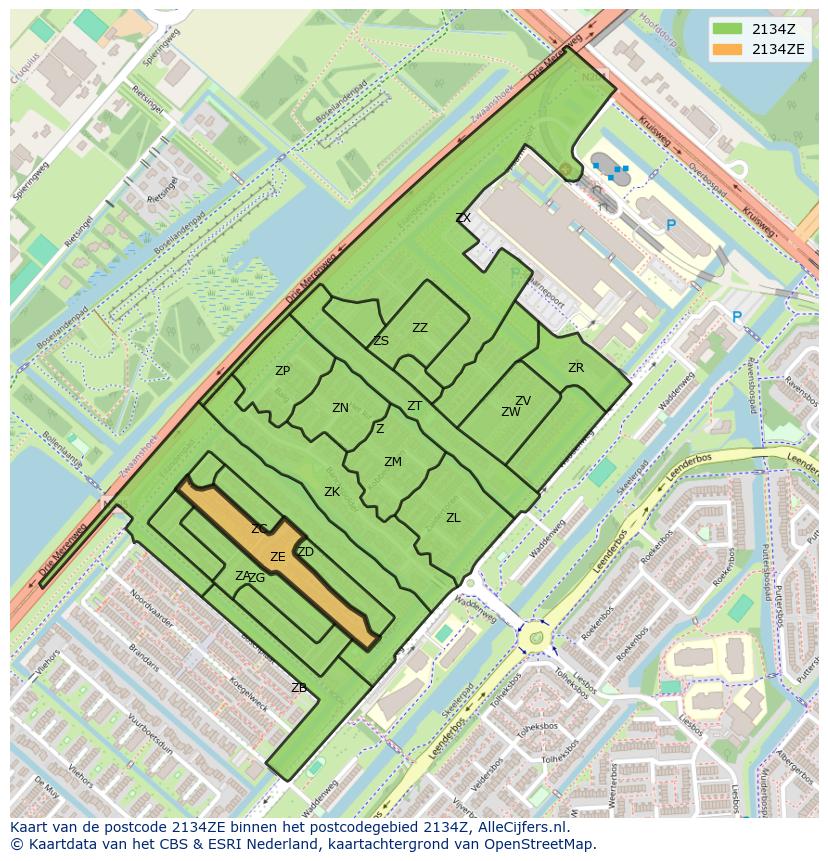 Afbeelding van het postcodegebied 2134 ZE op de kaart.