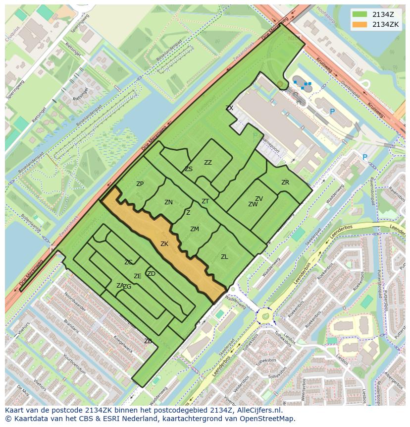 Afbeelding van het postcodegebied 2134 ZK op de kaart.