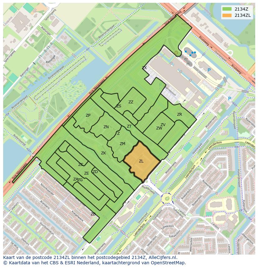 Afbeelding van het postcodegebied 2134 ZL op de kaart.