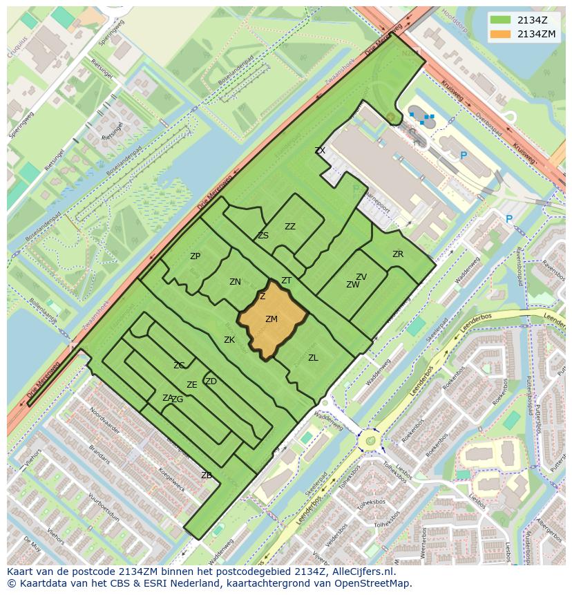 Afbeelding van het postcodegebied 2134 ZM op de kaart.