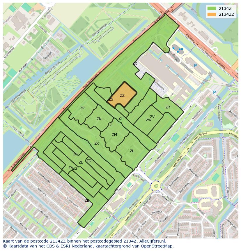 Afbeelding van het postcodegebied 2134 ZZ op de kaart.